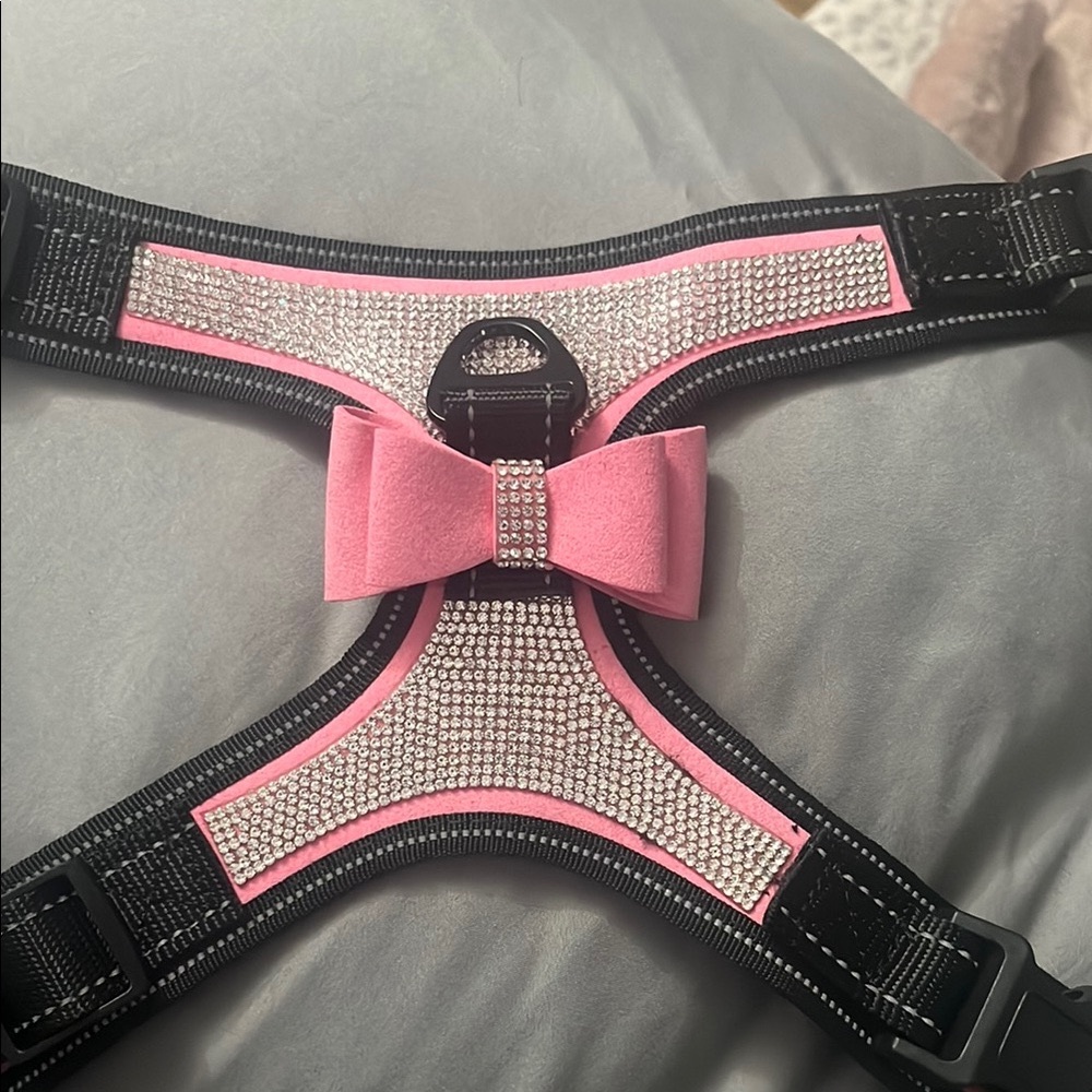Glamorous Pink and Black Dog Harness with Rhinestones